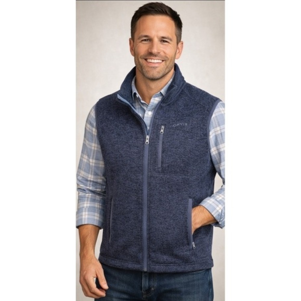 Orvis‎ Denali Sweater Fleece Vest Mens M Blue Heathered Full Zip Hiking Fishing